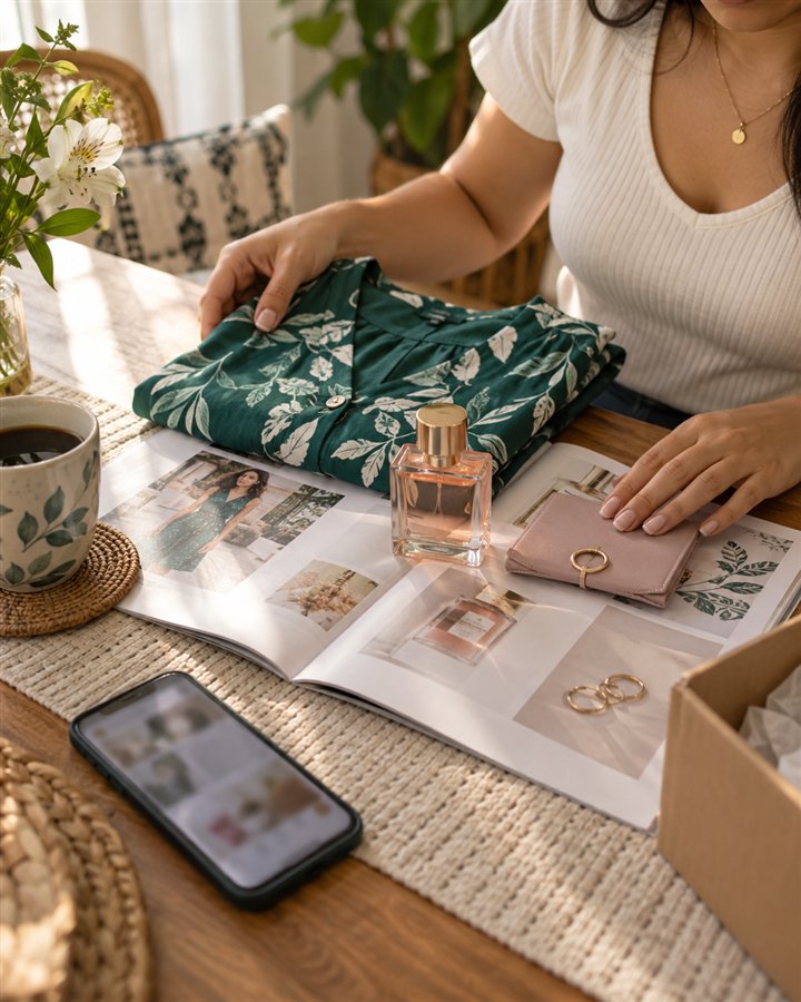 Una vendedora organiza prendas, perfume y accesorios de su catálogo