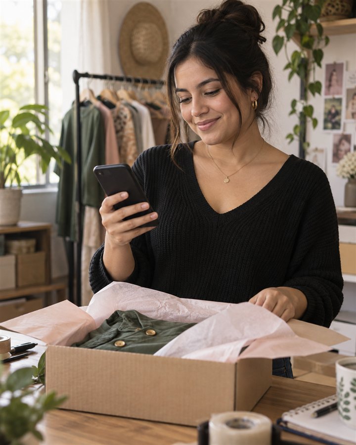 Una vendedora revisa su negocio en el celular mientras prepara un pedido