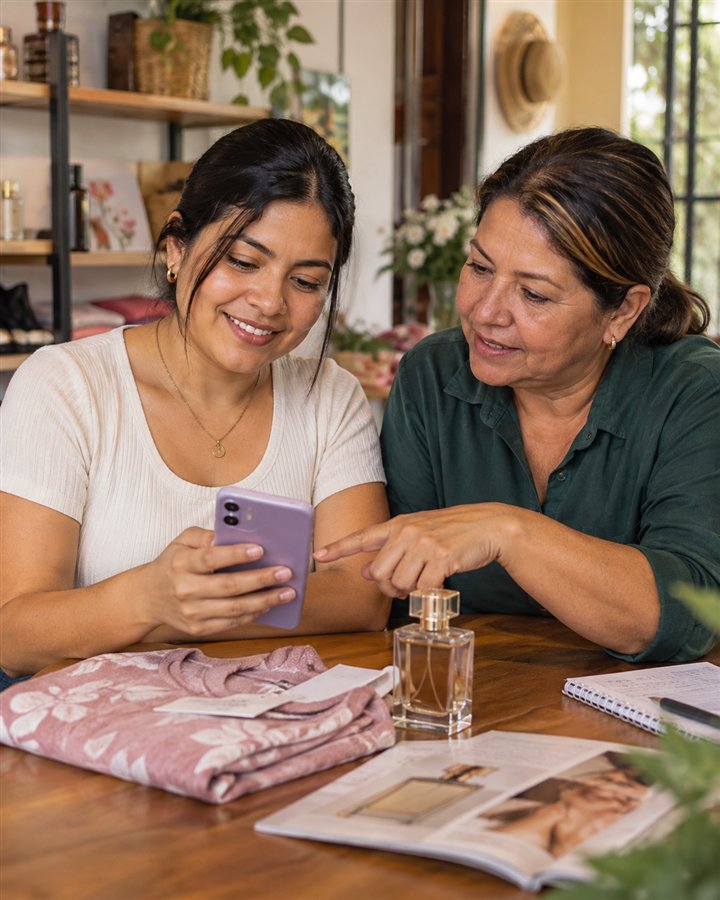 Dos mujeres revisan juntas un catálogo y una venta desde el celular